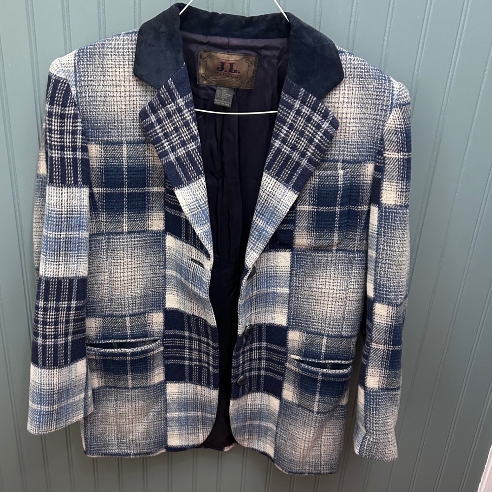 JL Colebrook Womens‎ Blue Patchwork Plaid Wool Blend Blazer Jacket Small Vintage